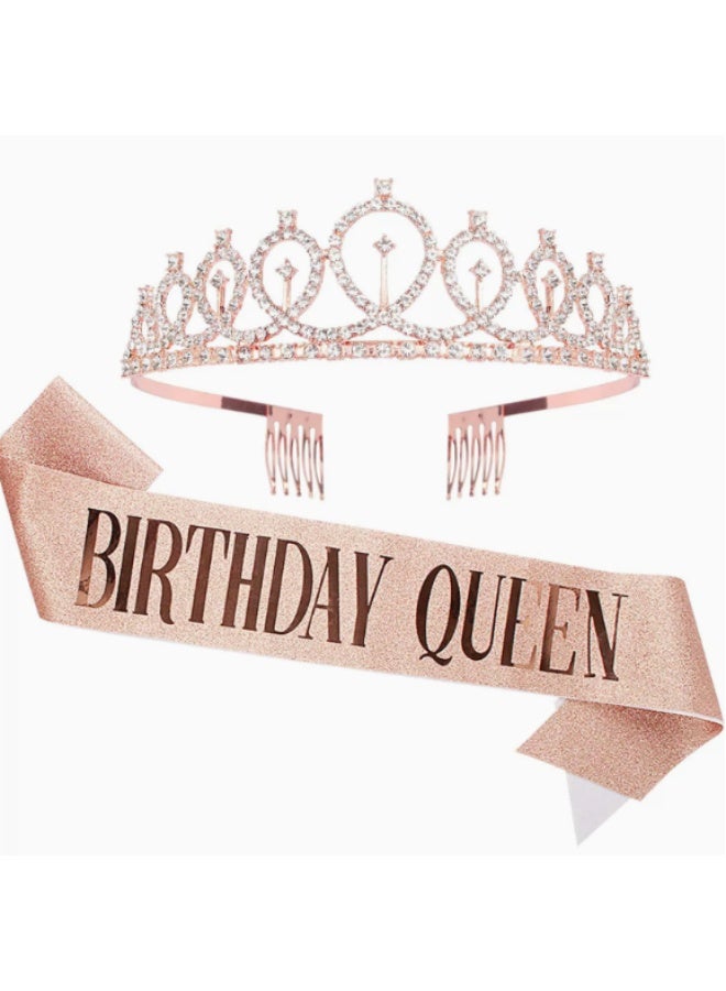 Birthday Queen Sash and Rhinestone Headband Set, Girl's Birthday Crown, Rose Gold Glitter Birthday Sash and Headband, Birthday Party Gift for Ladies - Image 1
